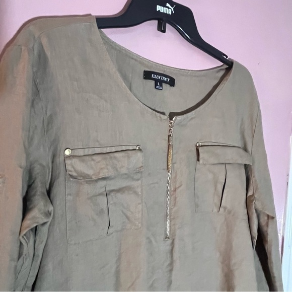 Ellen Tracy linen Large popover top Shirt Olive ling line rolled Sleeves 1/2 Zip - Picture 8 of 10